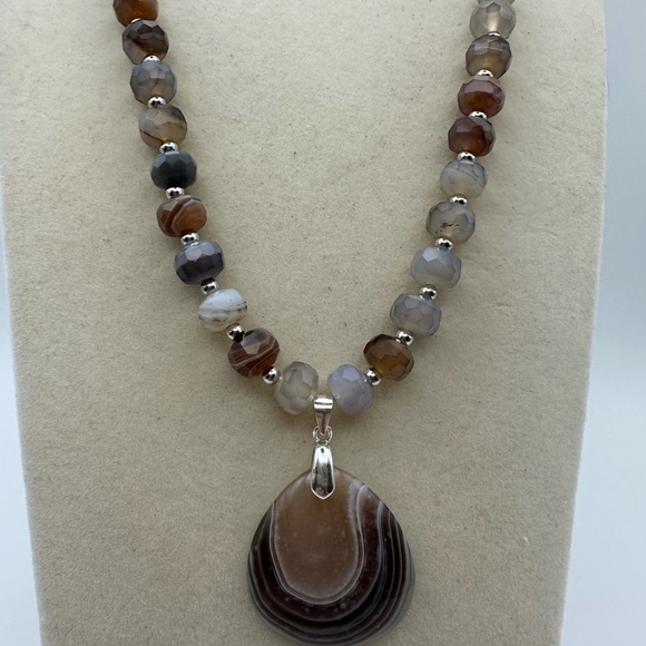 Botswana Agate Pendant and Beaded Necklace on Brown Faux Leather Double Rope - Picture 1 of 15
